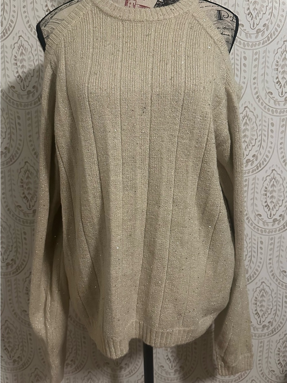 Chaser Metallic Cream Ribbed Crewneck Sweater